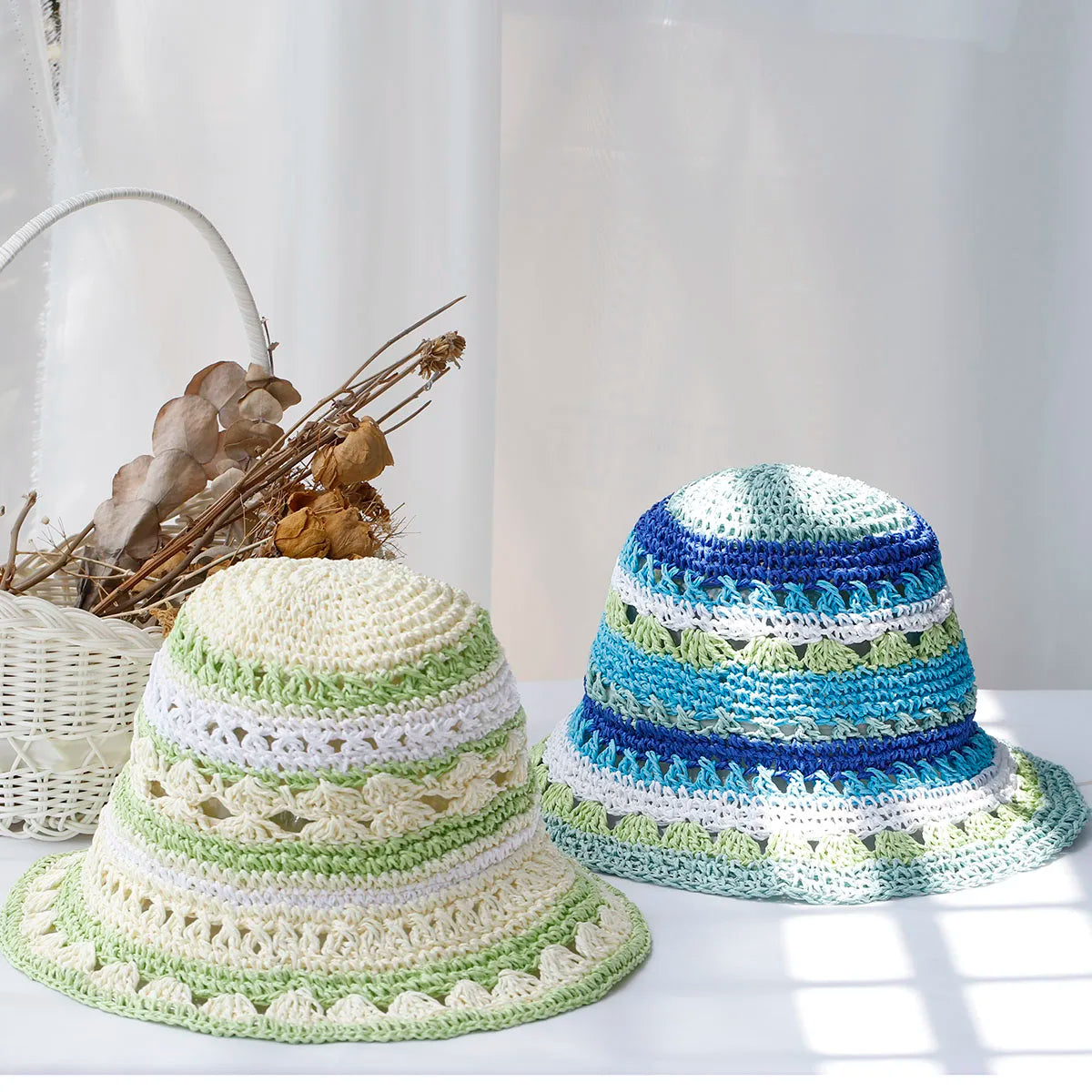 Multicolor Foldable Crochet Straw Bucket Hat