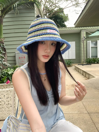 Summer Rainbow Striped Foldable Handmade Bucket Hat
