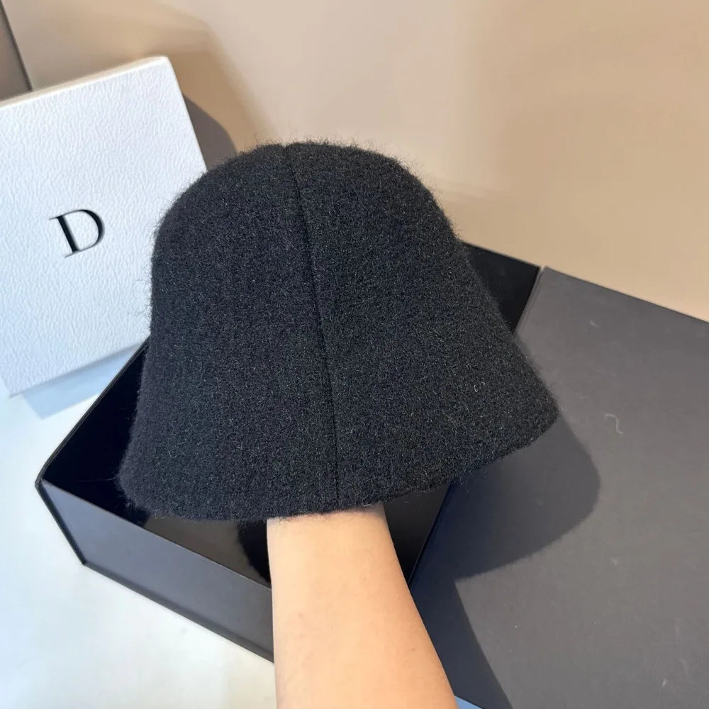 Korean Woolen Winter Bucket Hat with Rhinestone