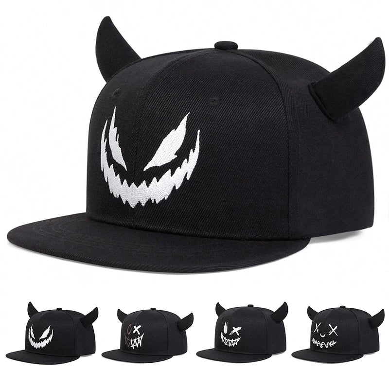 Unisex Smiling Face And Cow Horn Personality Hip-hop Hats
