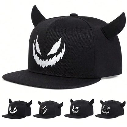 Unisex Smiling Face And Cow Horn Personality Hip-hop Hats