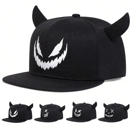Unisex Smiling Face And Cow Horn Personality Hip-hop Hats
