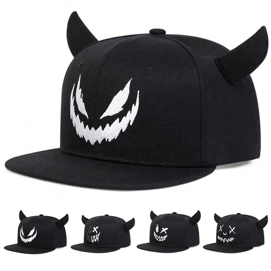 Unisex Smiling Face And Cow Horn Personality Hip-hop Hats