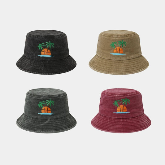 Distressed Coconut Tree Embroidered Beach Bucket Hat