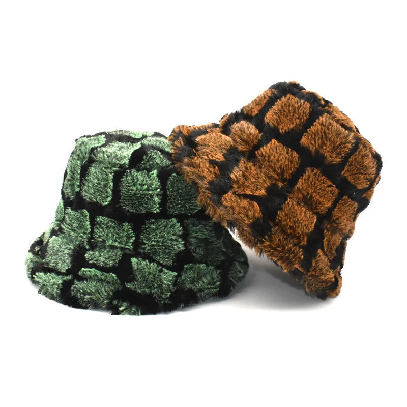 Unisex Plush Checkered Winter Bucket Hat