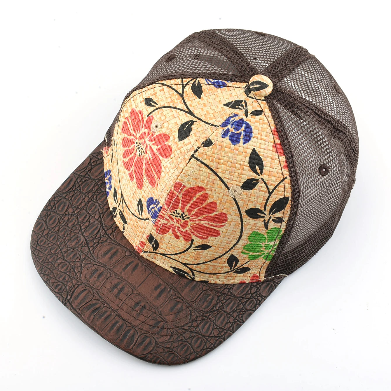 Straw Floral Flat Bill Baseball Cap