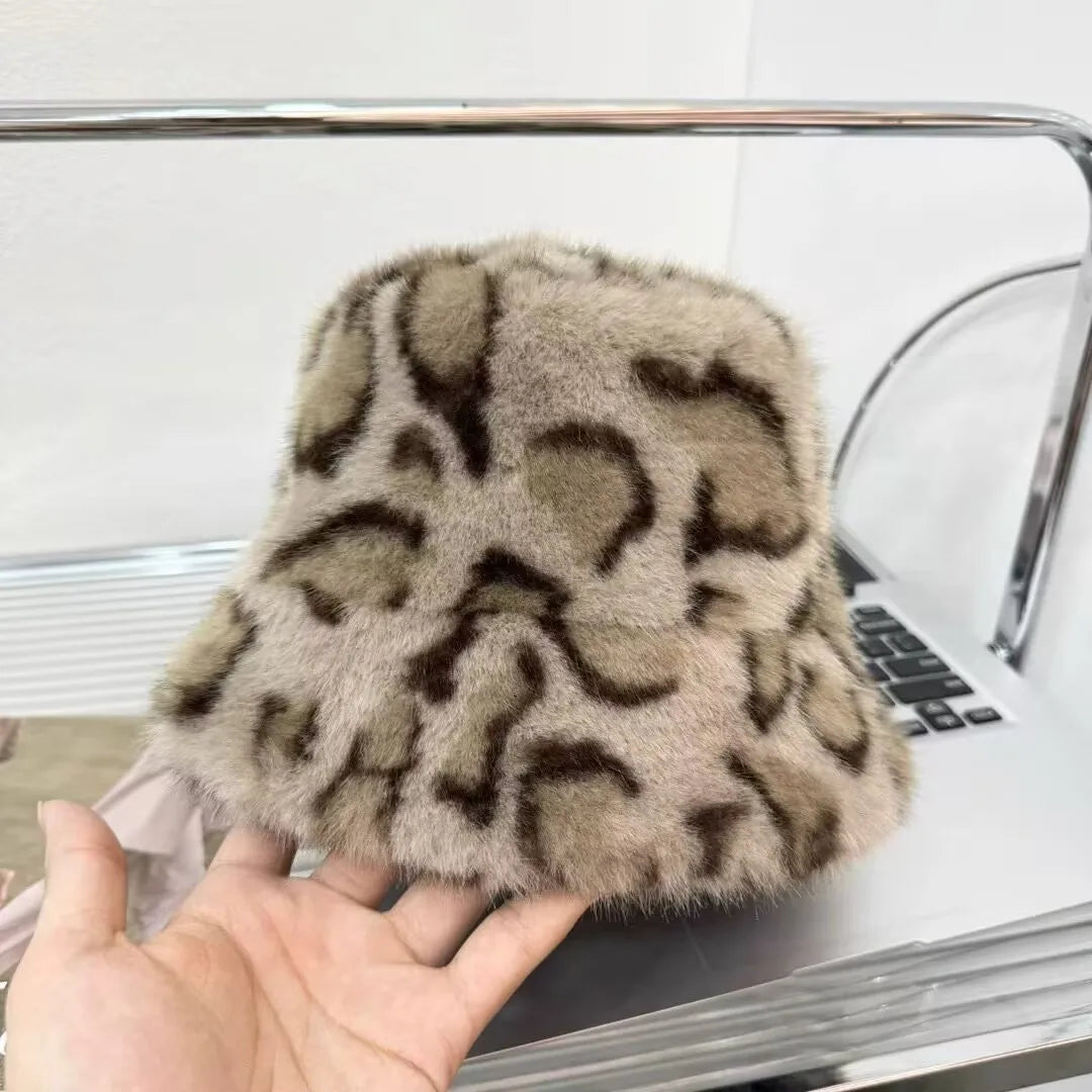 Leopard Print Fur Winter Bucket Hat