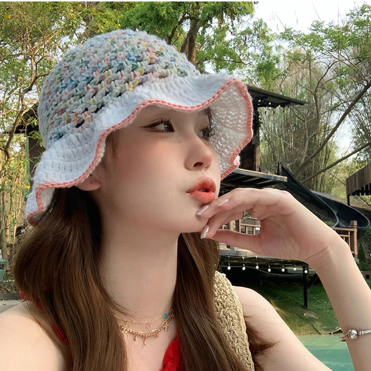 Graceful Lace Colorful Hook Flower Plush Bucket Hat