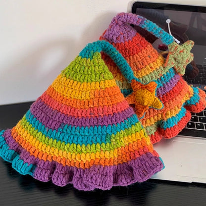 Korean Dopamine Colorblock Star Crochet Bucket Hat