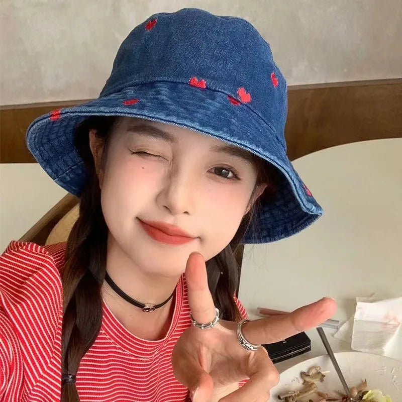 Korean Embroidered Heart Washed Denim Bucket Hat
