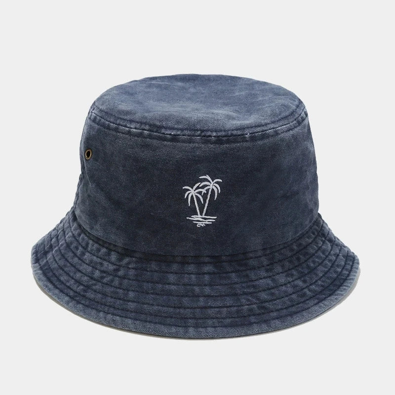 Vintage Washed Palm Tree Embroidery Outdoor Hiking Bucket Hat