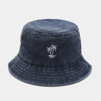 Vintage Washed Palm Tree Embroidery Outdoor Hiking Bucket Hat