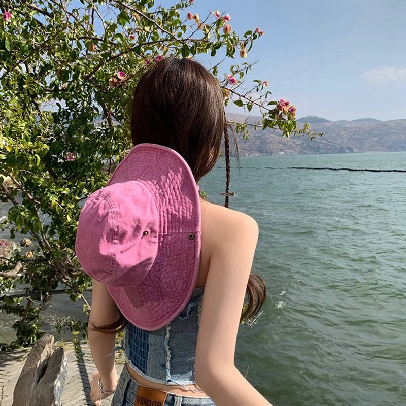 Pink Star Print Retro Korean Denim Bucket Hat