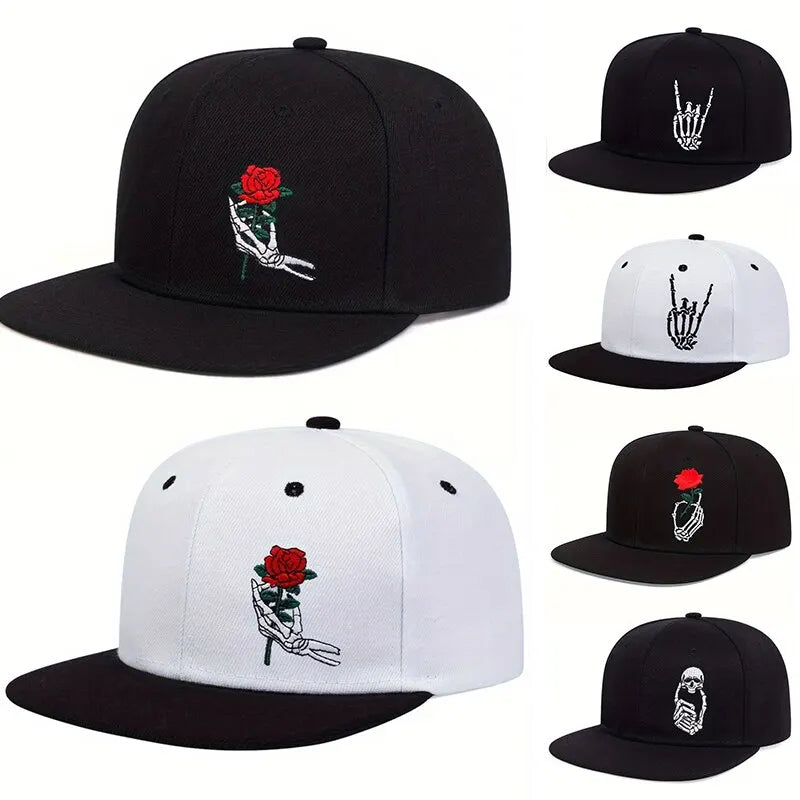 Unisex Skeleton Finger Rose Embroidery Hip-hop Hats
