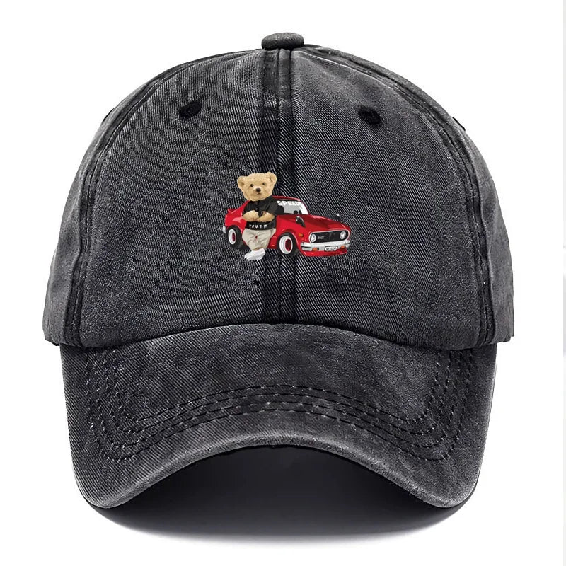 Vintage Washed Cotton Teddy Bear Pattern Baseball Cap