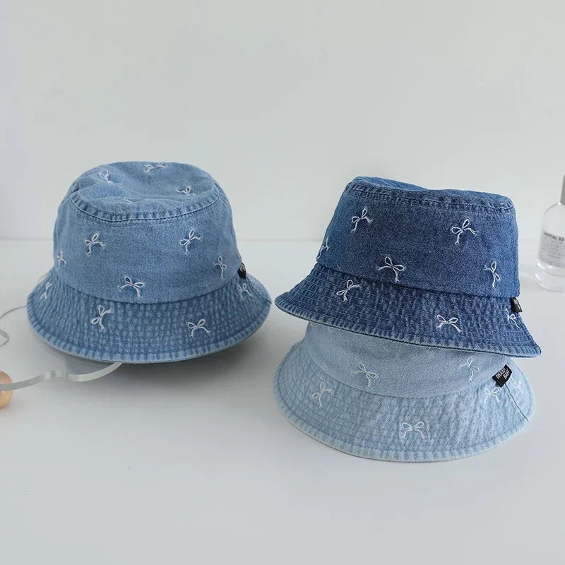 Baby Bow Pattern Denim Kids Bucket Hat