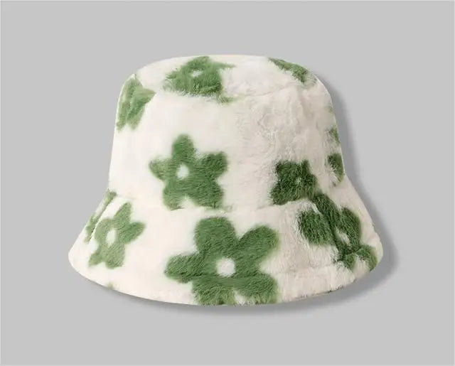Floral Plush Furry Warm Winter Bucket Hat
