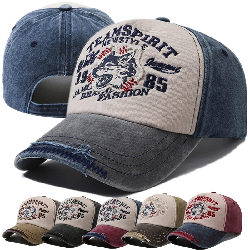 Vintage Wolf Embroidery Washed Baseball Cap
