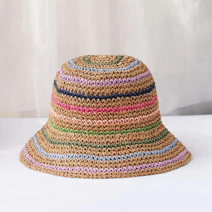 Rainbow Woven Japanese Straw Summer Bucket Hat