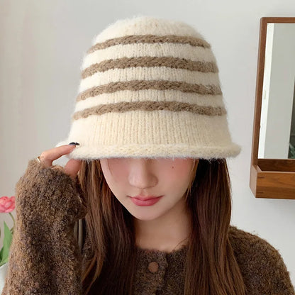 Korean Style Striped Knitted Winter Bucket Hat