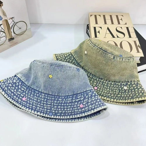 Korean Four Season Denim Flower Embroidered Bucket Hat