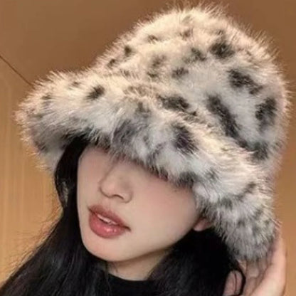 Korean Plush Leopard Faux Fur Bucket Hat
