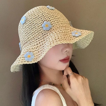 Woven Flower Straw Summer Bucket Hat