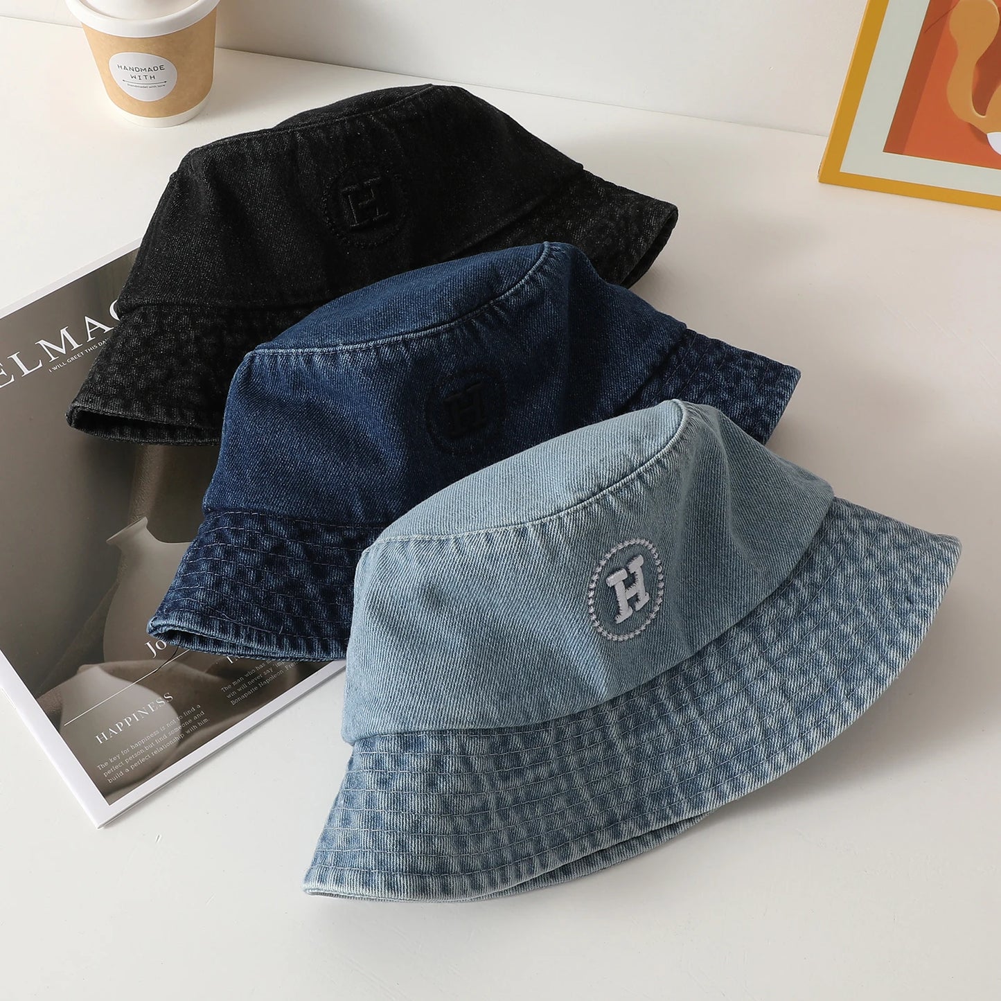 Korean Retro Letter Embroidered Denim Bucket Hat