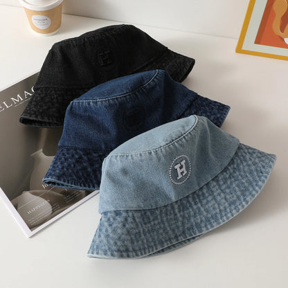 Korean Retro Letter Embroidered Denim Bucket Hat