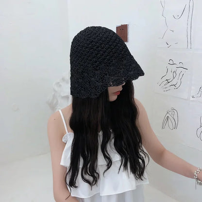 Women Retro Handmade Straw Travel Beach Bucket Hat