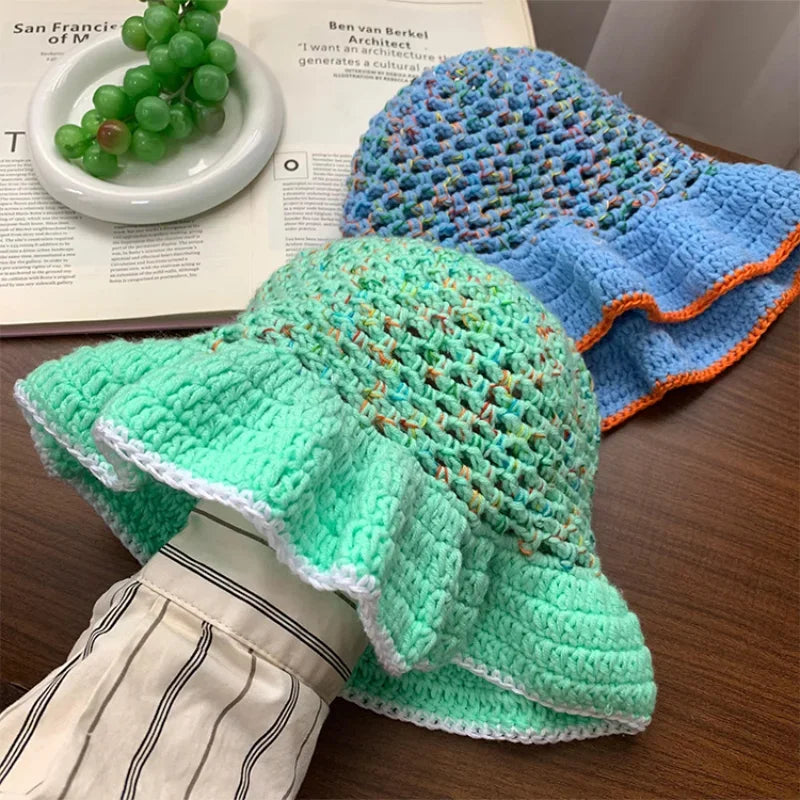 Dopamine Contrast Color Knitted Breathable Women Bucket Hat