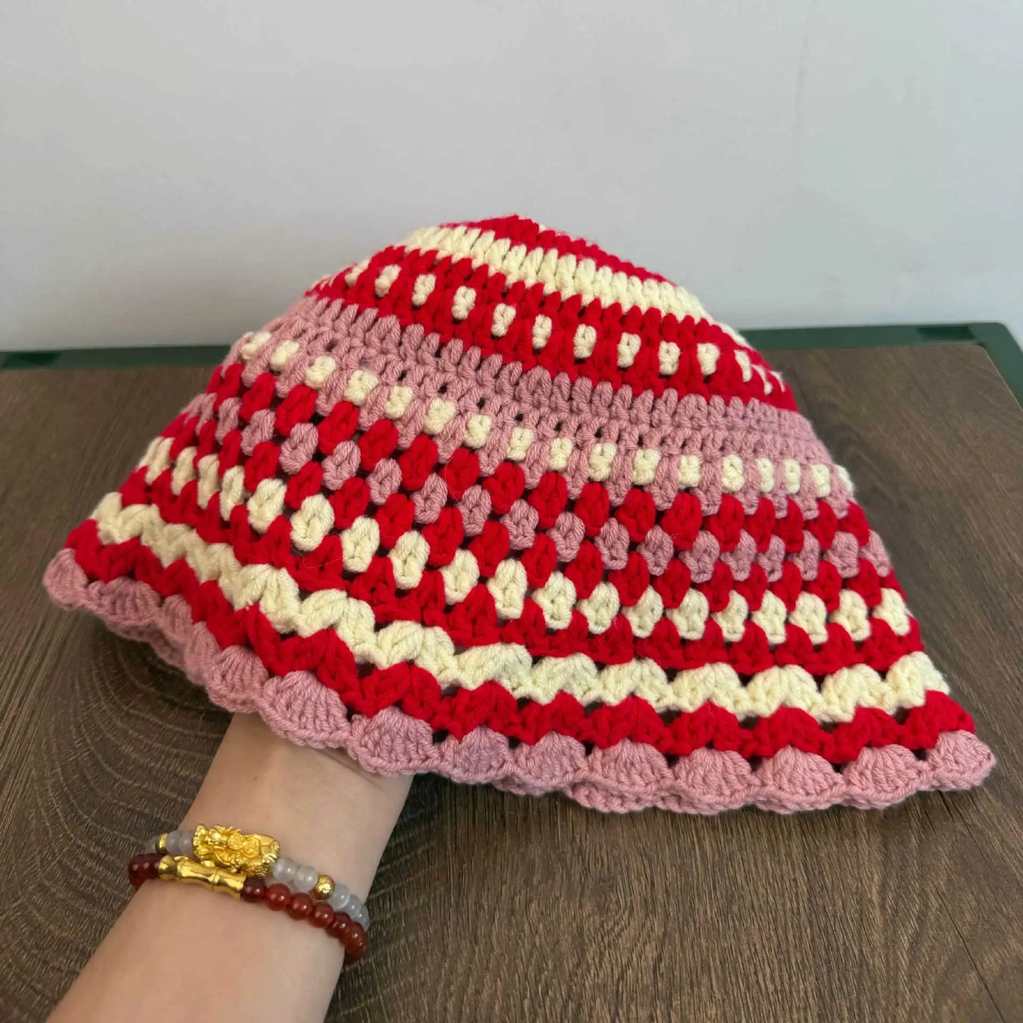 Vintage Handmade Crochet Bohemian Striped Bucket Hat