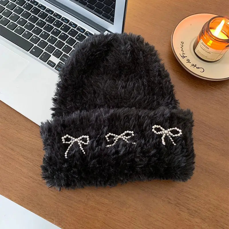Metal Bow Plush Knitted Fur Bucket Hat