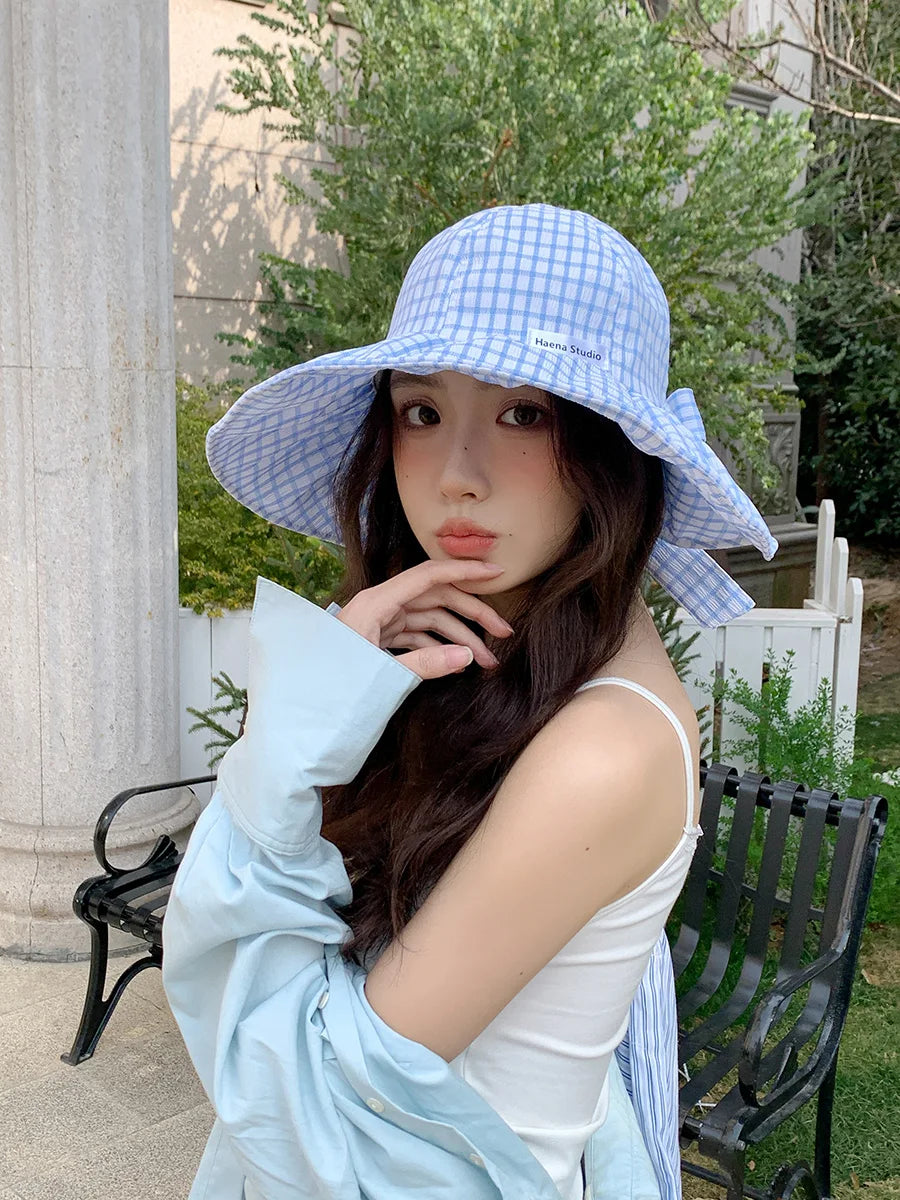 Japanese Plaid Knot Wide Brim Summer Bucket Hat