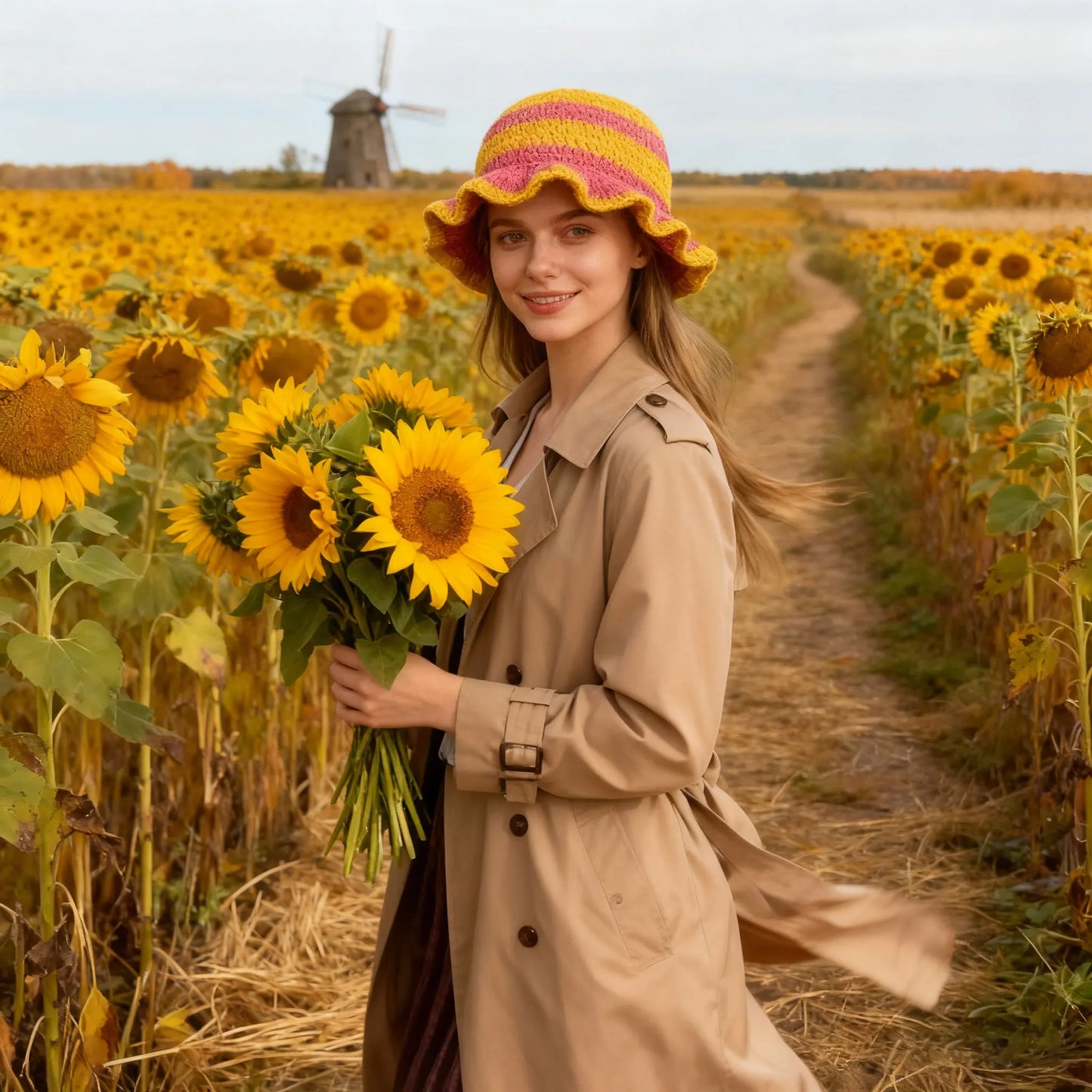 Womens Acrylic Knitted Wide Brim Bucket Hat