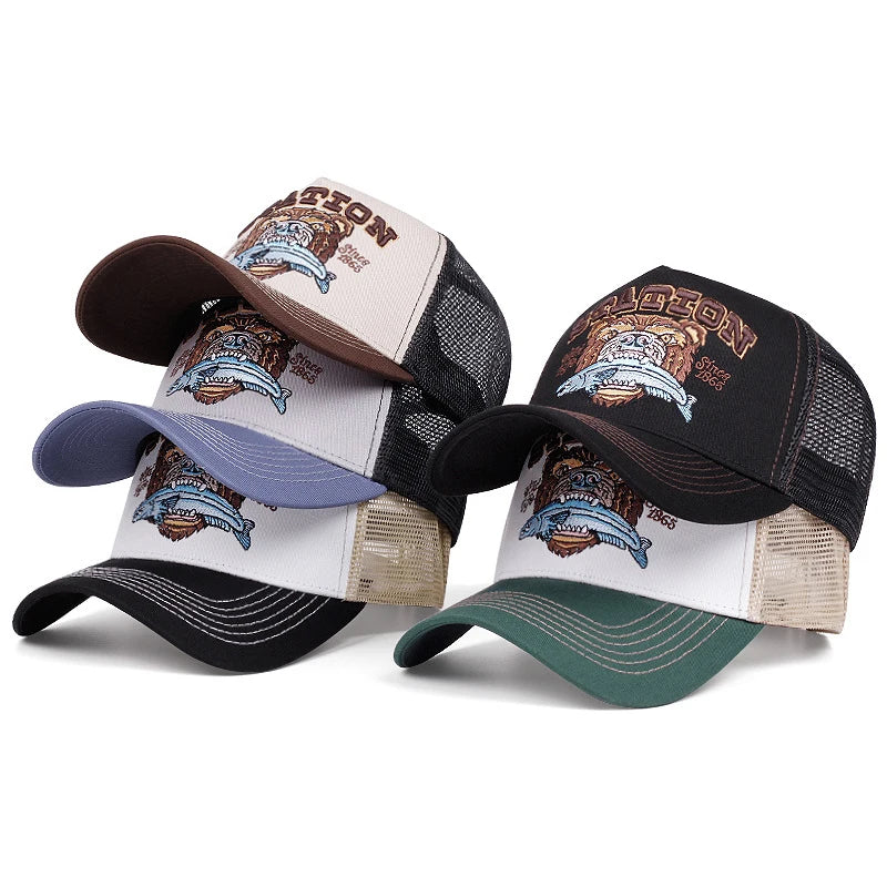 Bear Eating Fish Mesh Baseball Cap