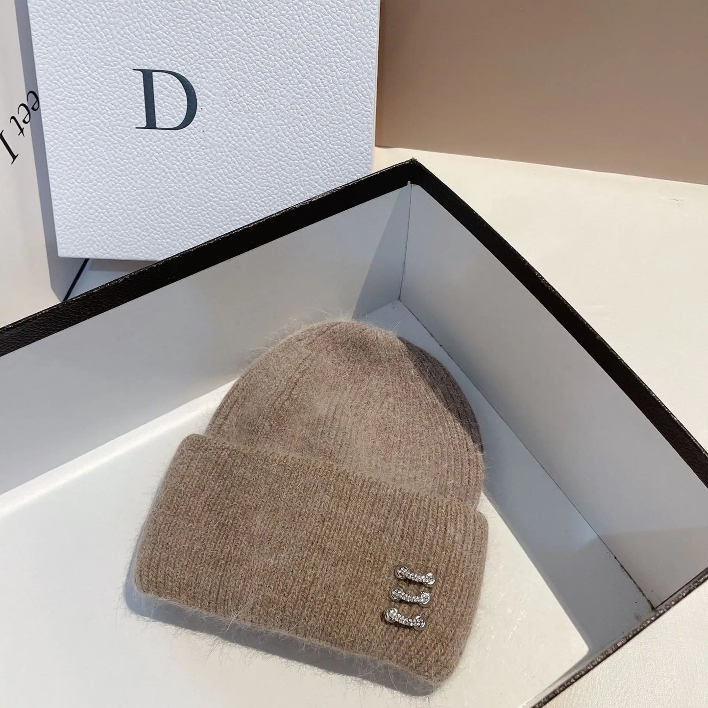 Trendy Ring Buckle Detail Rabbit Hair Knitted Hat