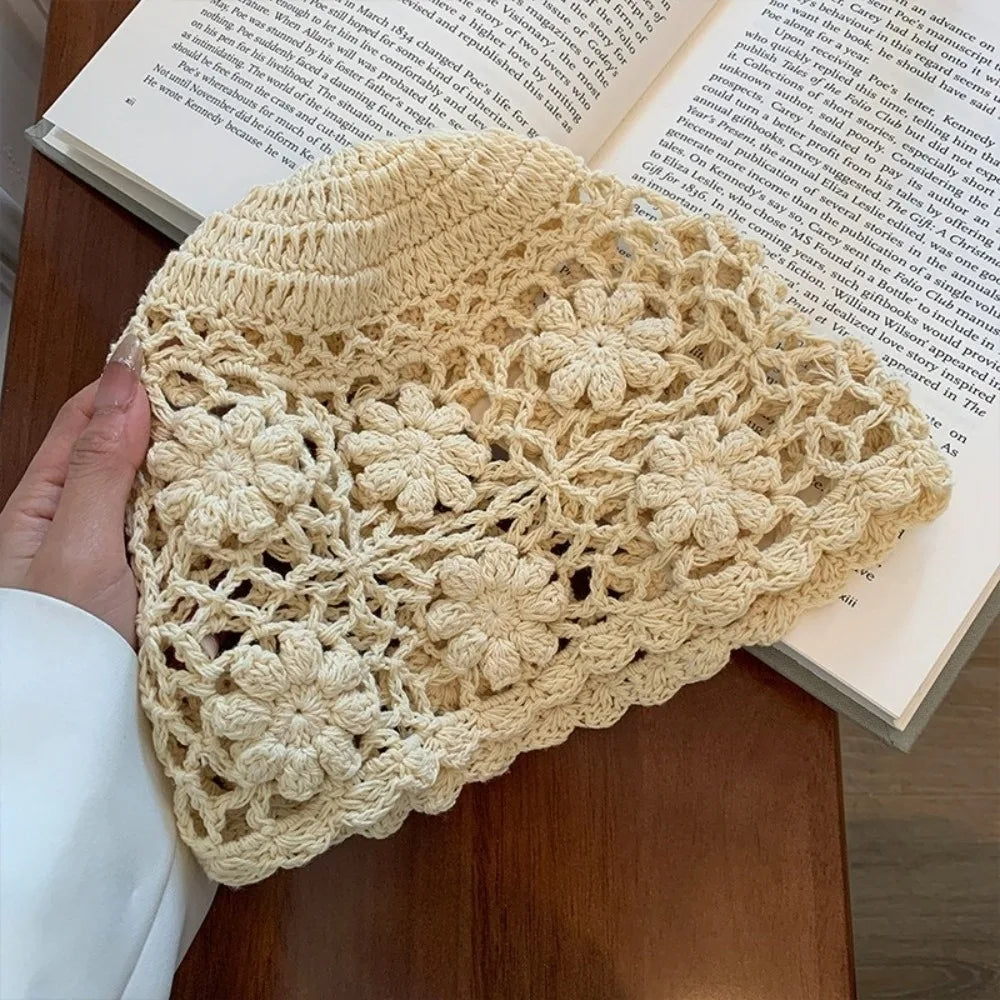 Sweet Y2K Crochet Flower Knit Bucket Hat