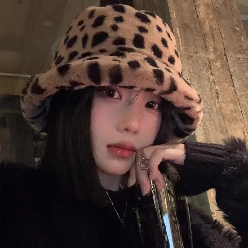 Cow Print Faux Fur Bucket Hat