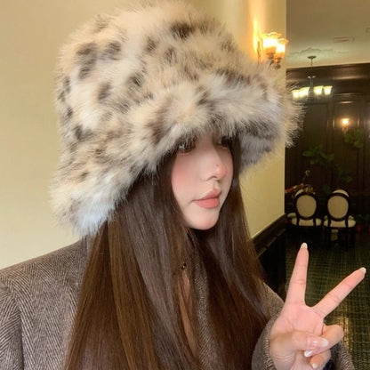 Korean Plush Leopard Faux Fur Bucket Hat