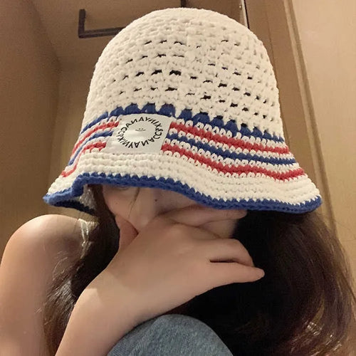 Korean Contrasting Striped Knitted Breathable Bucket Hat