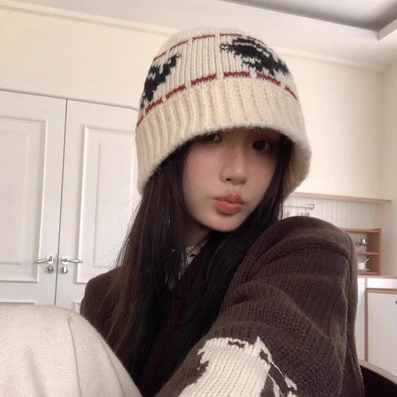 Korean Retro Jacquard Wool Bucket Hat