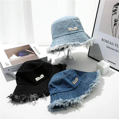 Washed Denim Wide Brim Bucket Hat