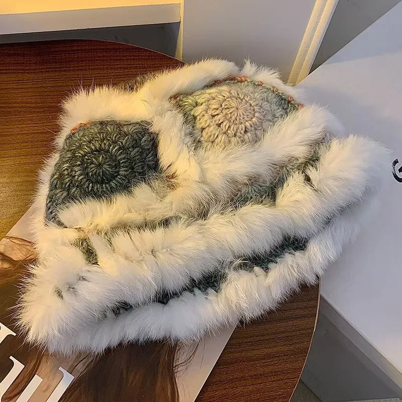 Colorful Rabbit Fur Winter Bucket Hat