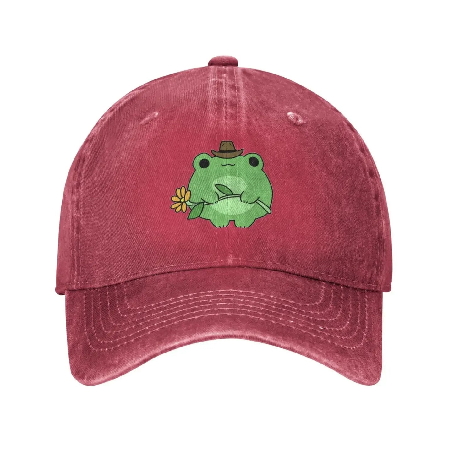 Cute Frog Flower Washed Denim Adjustable Baseball Cap