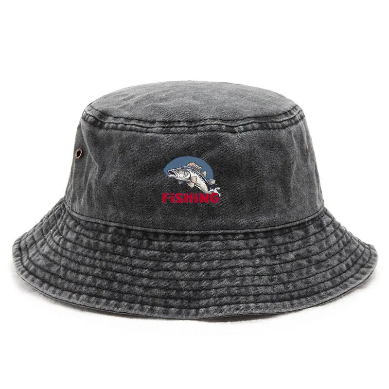 Vintage Washed Fish Logo Summer Bucket Hat