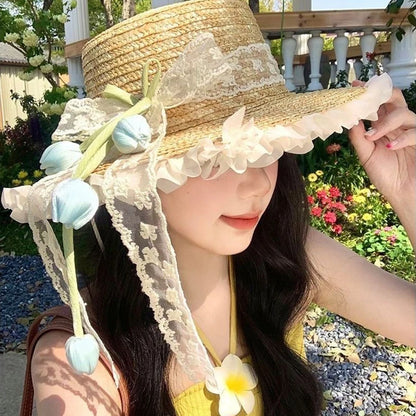 Womens Sun Protection Tulip Bow Grass Bucket Hat