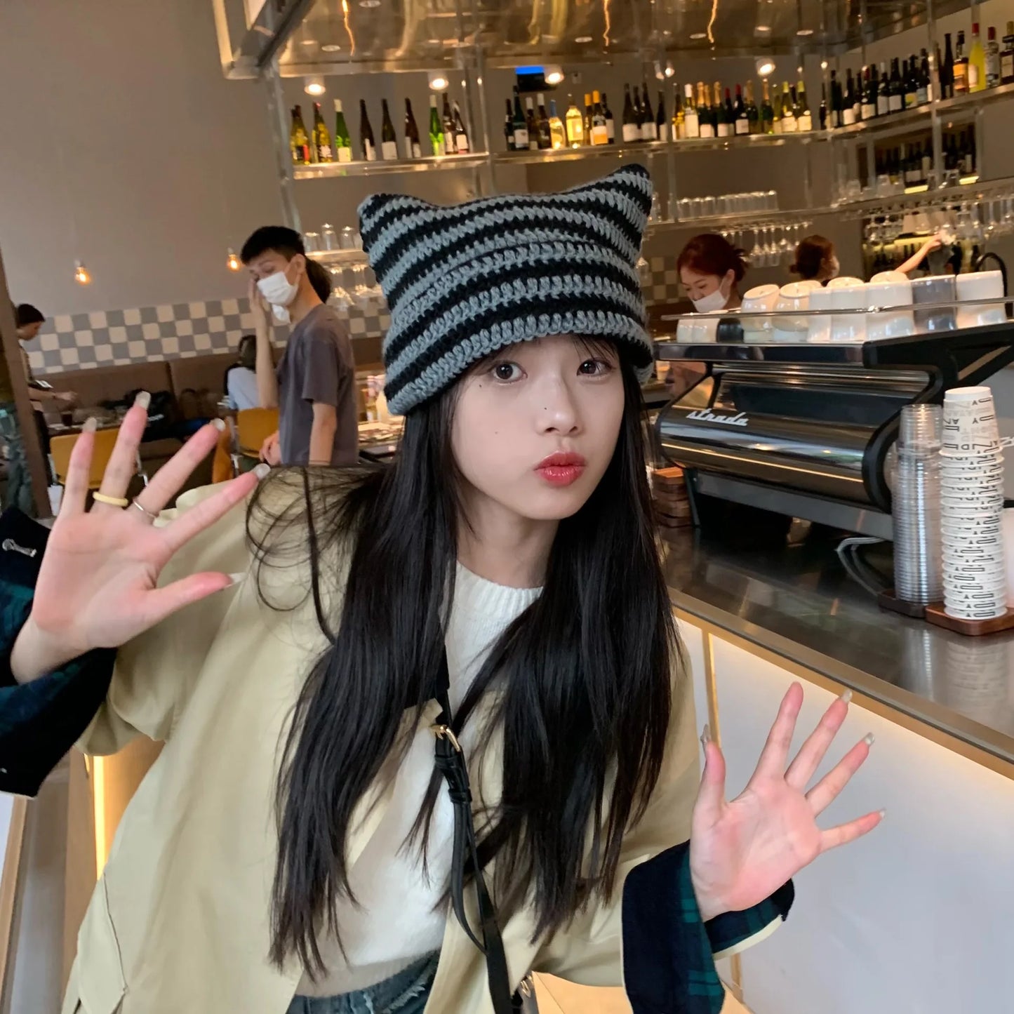Striped Knit Cat Ears Bucket Hat