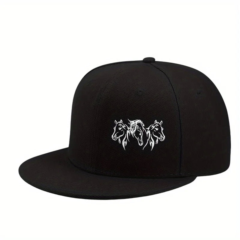 Three Horses Print Flat Brim Snapback Cap