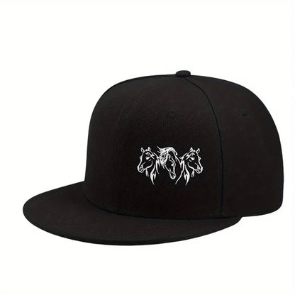 Three Horses Print Flat Brim Snapback Cap